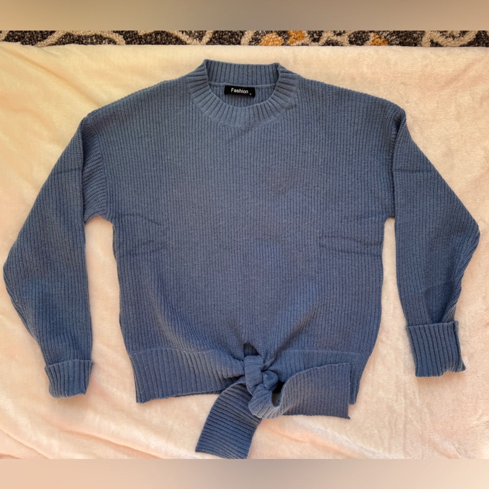 Blue Knit Sweater with Front Tie Detail